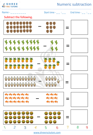 Kindergarten  Maths worksheet: Numeric subtraction - Horizontol Subtraction