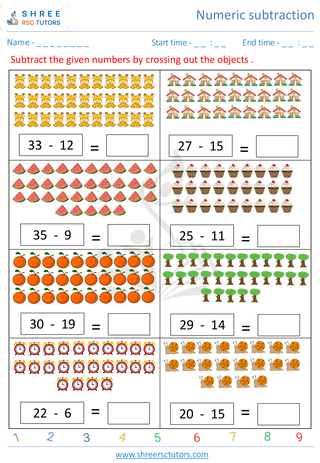 Kindergarten  Maths worksheet: Numeric subtraction - Horizontol Subtraction