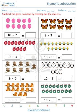 Kindergarten  Maths worksheet: Numeric subtraction - Horizontol Subtraction