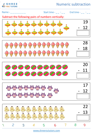 Kindergarten  Maths worksheet: Numeric subtraction - Vertical subtraction