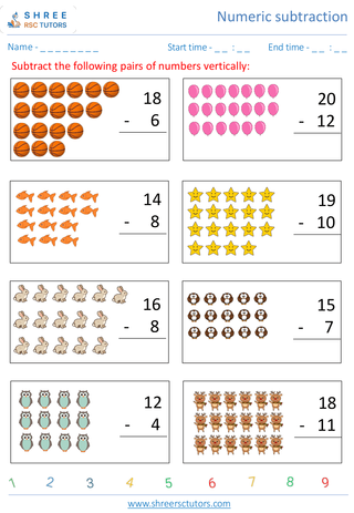 Kindergarten  Maths worksheet: Numeric subtraction - Vertical subtraction