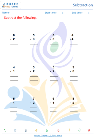 Kindergarten  Maths worksheet: Numeric subtraction - Vertical subtraction