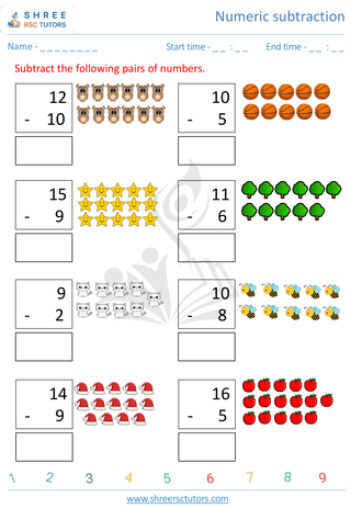 Kindergarten  Maths worksheet: Numeric subtraction - Vertical subtraction