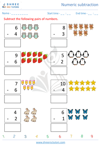 Kindergarten  Maths worksheet: Numeric subtraction - Vertical subtraction