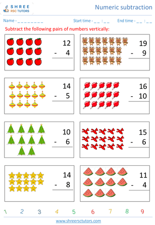 Kindergarten  Maths worksheet: Numeric subtraction - Vertical subtraction