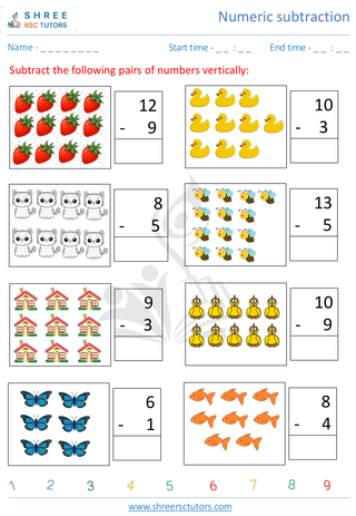 Kindergarten  Maths worksheet: Numeric subtraction - Vertical subtraction