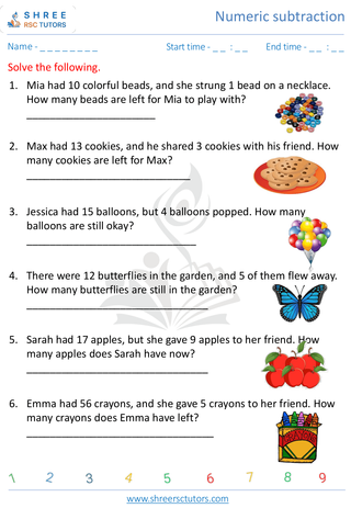 Kindergarten  Maths worksheet: Numeric subtraction - Word problems