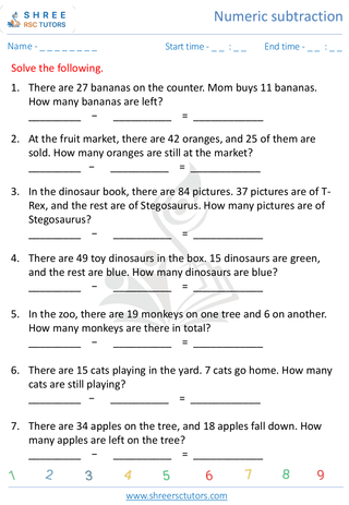 Kindergarten  Maths worksheet: Numeric subtraction - Word problems