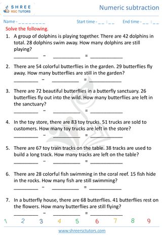 Kindergarten  Maths worksheet: Numeric subtraction - Word problems