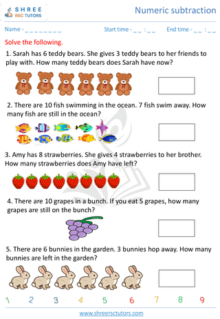 Kindergarten  Maths worksheet: Numeric subtraction - Word problems