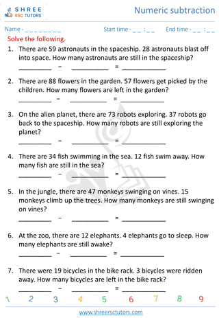 Kindergarten  Maths worksheet: Numeric subtraction - Word problems