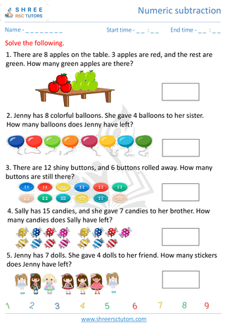 Kindergarten  Maths worksheet: Numeric subtraction - Word problems