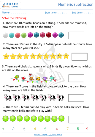 Kindergarten  Maths worksheet: Numeric subtraction - Word problems