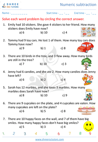 Kindergarten  Maths worksheet: Numeric subtraction - Word problems