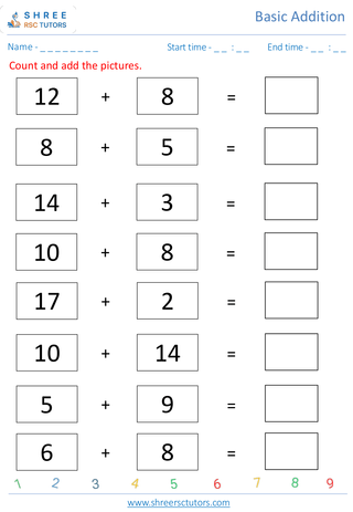 Pre Kindergarten  Maths worksheet: Basic Addition - Add upto 20