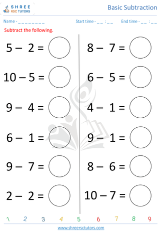 Pre Kindergarten  Maths worksheet: Basic Subtraction - Subtract 1 digit