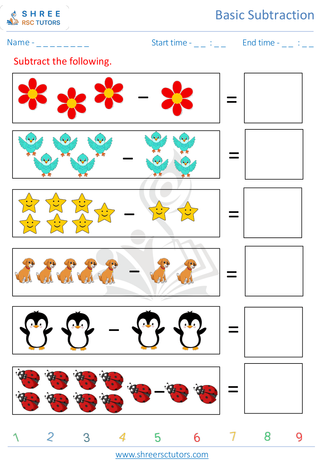 Pre Kindergarten  Maths worksheet: Basic Subtraction - Subtract 1 digit