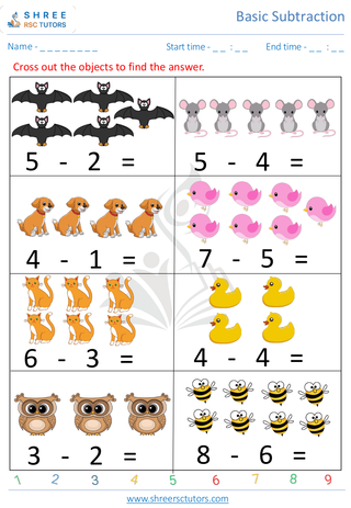 Pre Kindergarten  Maths worksheet: Basic Subtraction - Subtract 1 digit