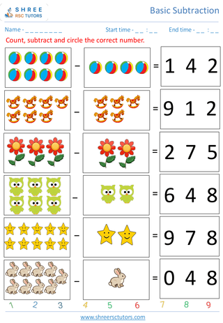 Pre Kindergarten  Maths worksheet: Basic Subtraction - Subtract 1 digit