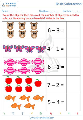 Pre Kindergarten  Maths worksheet: Basic Subtraction - Subtract 1 digit