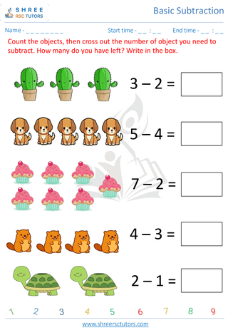 Pre Kindergarten  Maths worksheet: Basic Subtraction - Subtract 1 digit