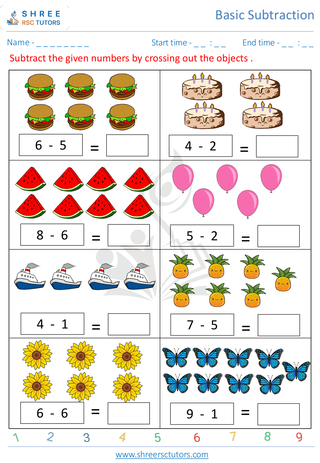 Pre Kindergarten  Maths worksheet: Basic Subtraction - Subtract 1 digit