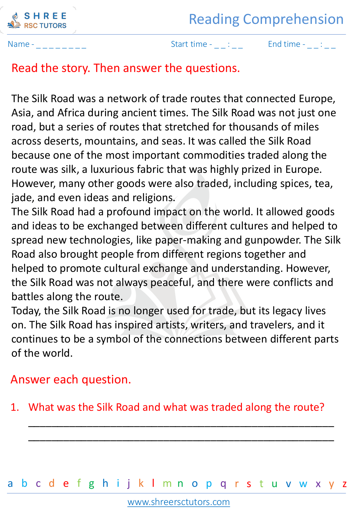 Reading comprehension worksheets for Grade 5 English | shree rsc tutors